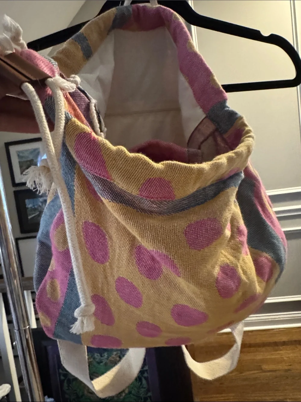 New Polka Dot Canvas Drawstring Backpack - Towel Blankey Pink & Yellow
